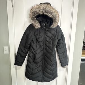 Eddie Bauer Wmn's EB550 Goose Down Puffer Coat Parka Hooded Fur Trim Black Sz S